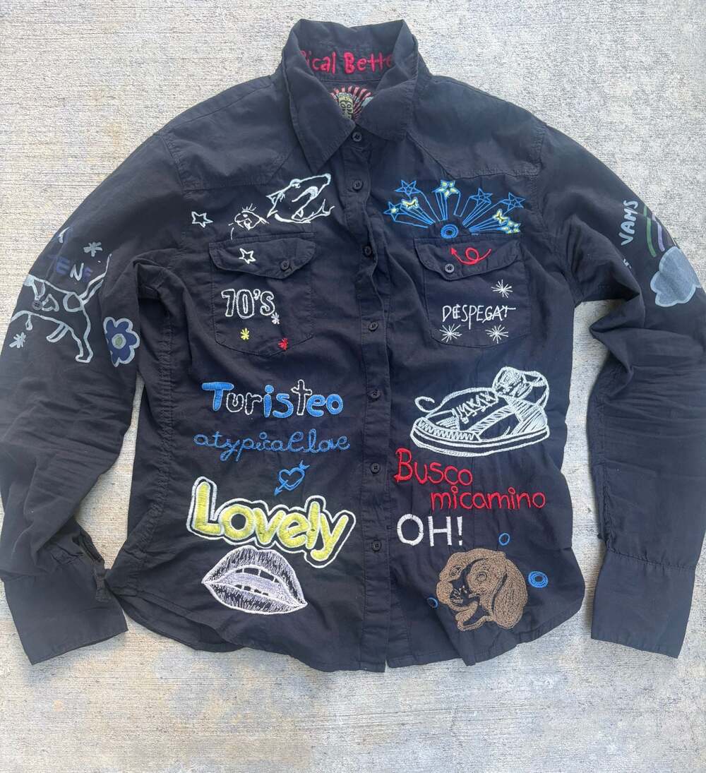 Desigual Black Long Sleeve Button-Down Shirt with Embroidered Graffiti patches